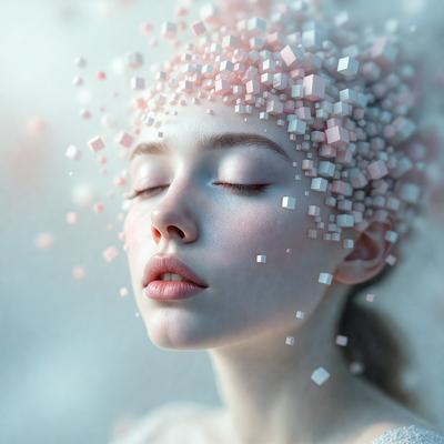 The primary subject of the image is a woman with a pink head, wearing a white dress. She is surrounded by a backdrop of pink and white cubes, giving the scene a whimsical and artistic feel. The visual style of the image is digital art, as it appears to be a digital illustration or drawing. The dominant colors in the image are pink and white, creating a warm and inviting atmosphere.